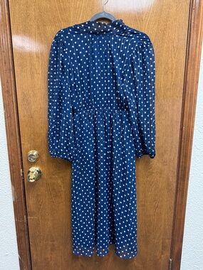 Sfera Navy Polka Dot Maxi Dress -Sheer Sleeves-Keyhole Back- Cinch Waist